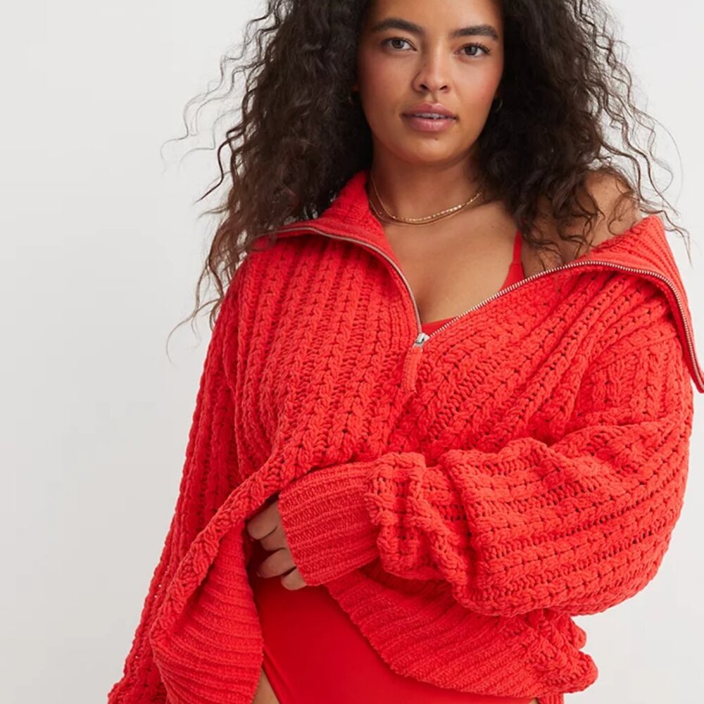 Aerie Red Cable Knit Quarter Zip Sweater